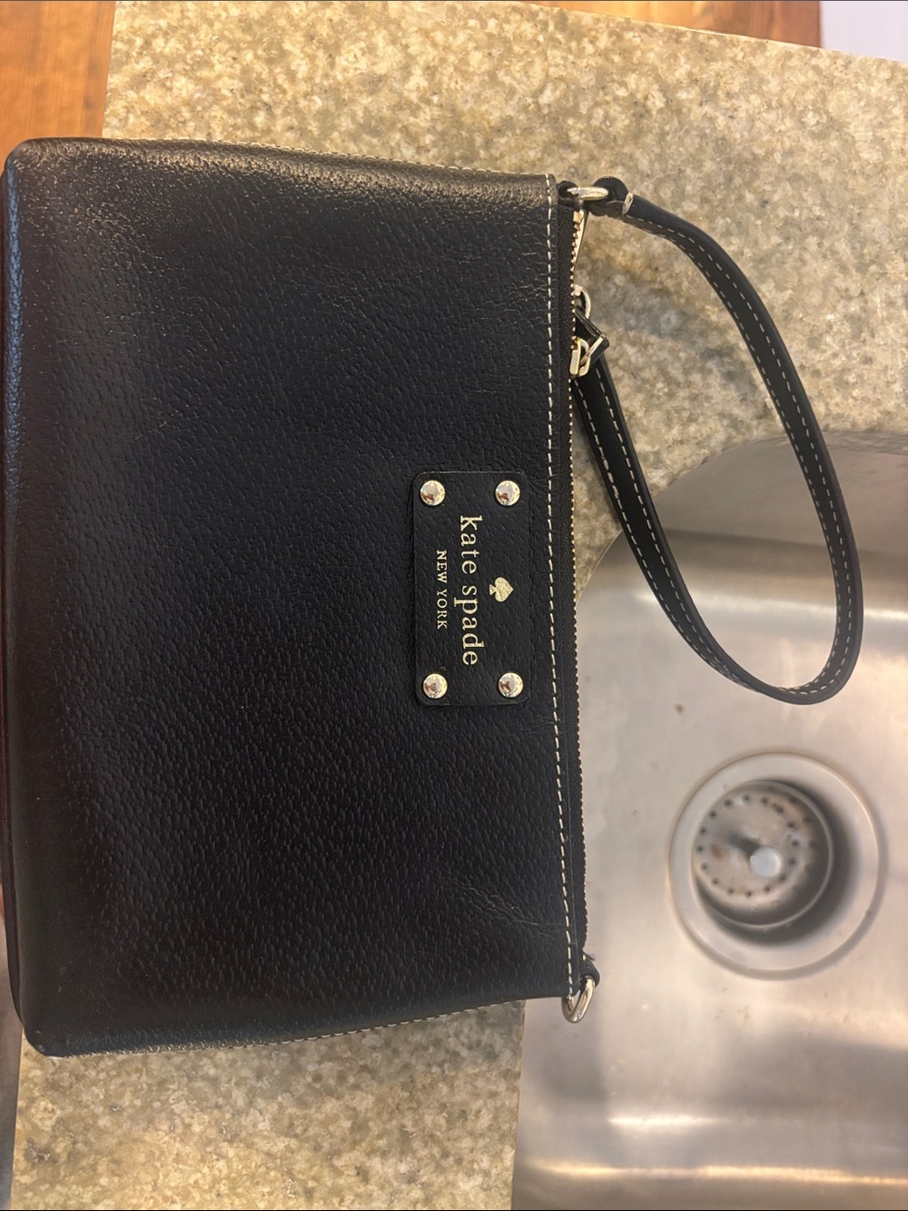 kate spade Black Leather Wristlet Clutch with Gold Logo Plate